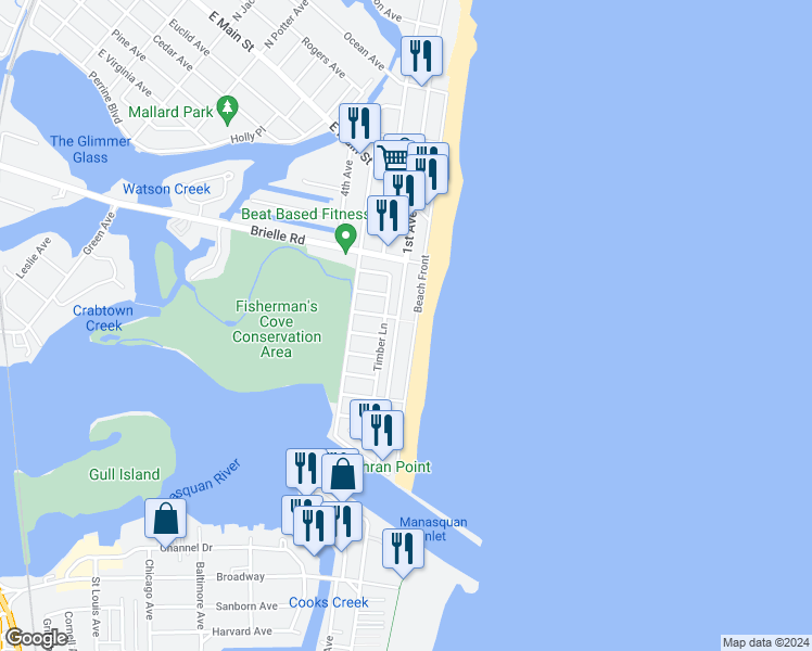 map of restaurants, bars, coffee shops, grocery stores, and more near 297 Beach Front in Manasquan