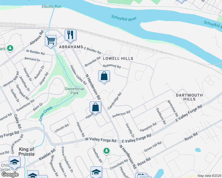 map of restaurants, bars, coffee shops, grocery stores, and more near 686 North Henderson Road in King of Prussia