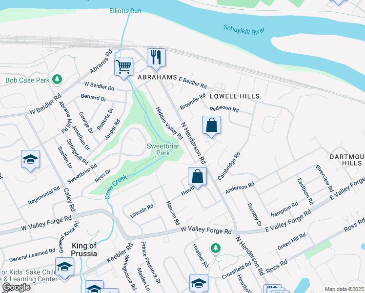 map of restaurants, bars, coffee shops, grocery stores, and more near 612 Hidden Valley Road in King of Prussia