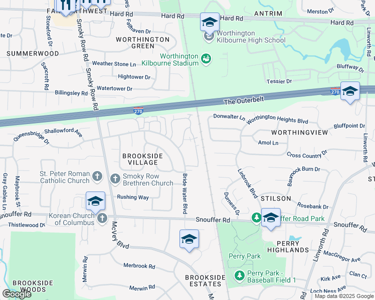 map of restaurants, bars, coffee shops, grocery stores, and more near 7342 Bride Water Boulevard in Columbus