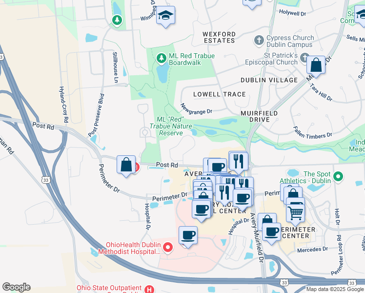 map of restaurants, bars, coffee shops, grocery stores, and more near 6470 Post Road in Dublin