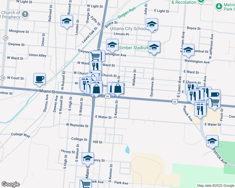 map of restaurants, bars, coffee shops, grocery stores, and more near 236 Scioto Street in Urbana