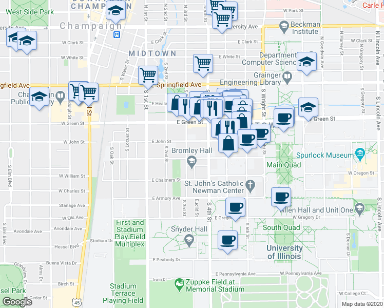 map of restaurants, bars, coffee shops, grocery stores, and more near 306 East Daniel Street in Champaign