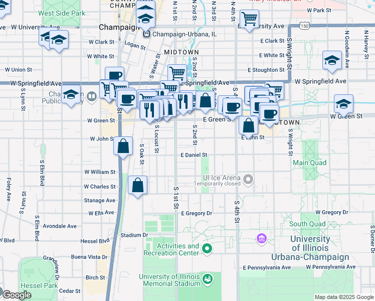 map of restaurants, bars, coffee shops, grocery stores, and more near 805 South 2nd Street in Champaign