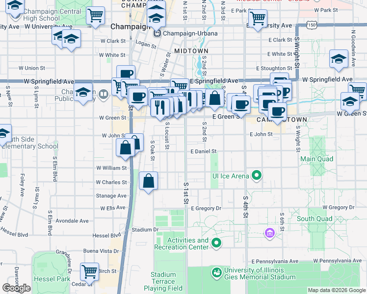 map of restaurants, bars, coffee shops, grocery stores, and more near 803 South 1st Street in Champaign