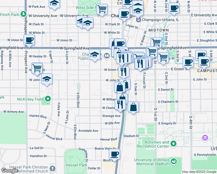 map of restaurants, bars, coffee shops, grocery stores, and more near 2 Villard Court in Champaign