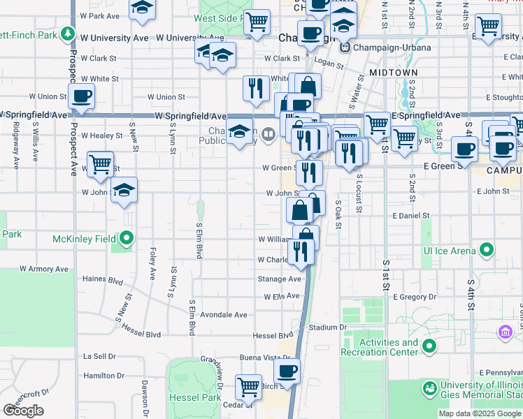map of restaurants, bars, coffee shops, grocery stores, and more near 706 South State Street in Champaign