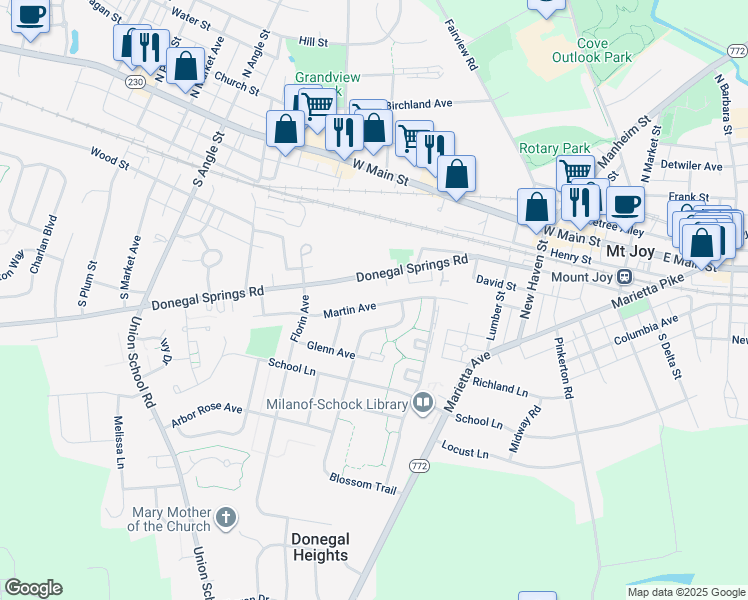 map of restaurants, bars, coffee shops, grocery stores, and more near 429 Martin Avenue in Mount Joy