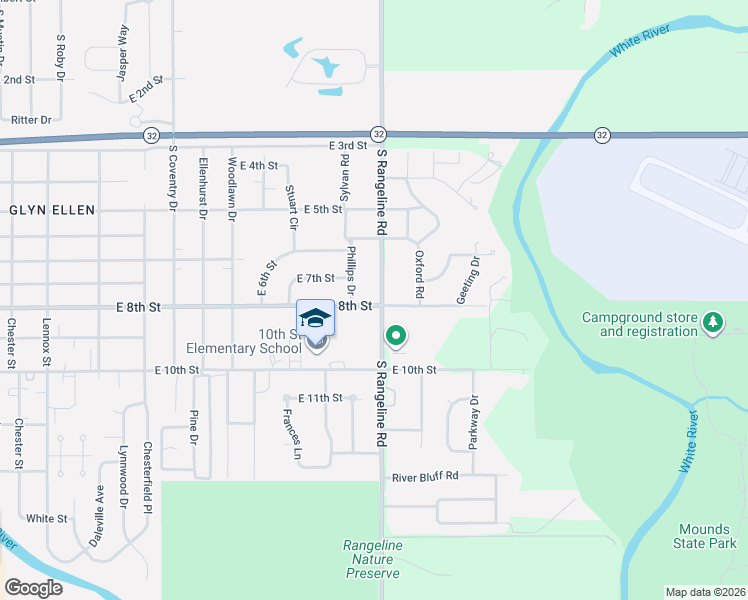 map of restaurants, bars, coffee shops, grocery stores, and more near 3308 East 8th Street in Anderson