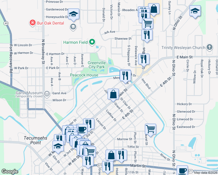 map of restaurants, bars, coffee shops, grocery stores, and more near 730 East Water Street in Greenville