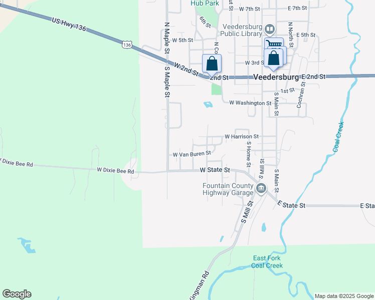 map of restaurants, bars, coffee shops, grocery stores, and more near 412 Helms Street in Veedersburg