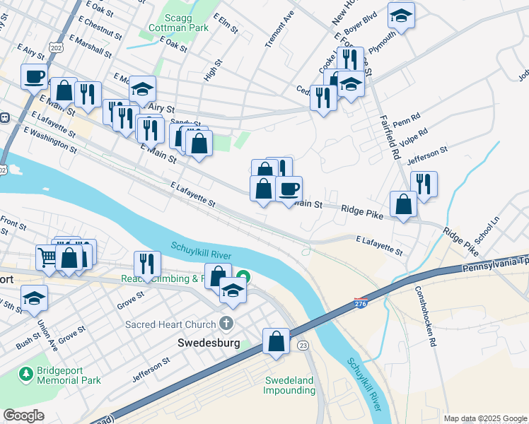 map of restaurants, bars, coffee shops, grocery stores, and more near 852 East Main Street in Norristown