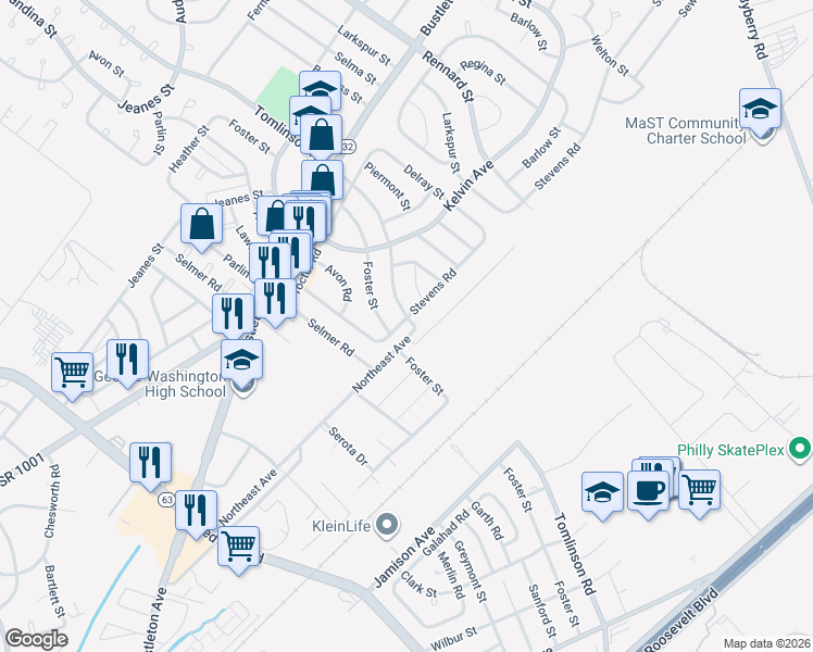 map of restaurants, bars, coffee shops, grocery stores, and more near 11003 Stevens Road in Philadelphia