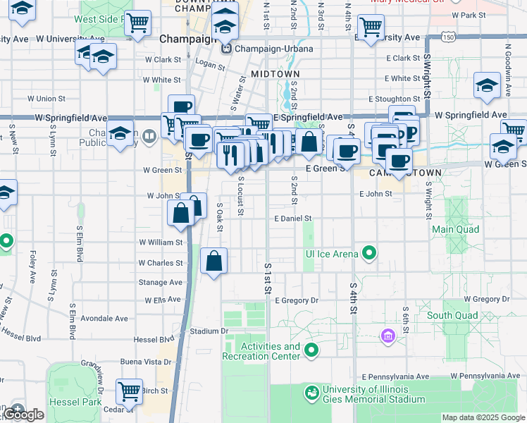 map of restaurants, bars, coffee shops, grocery stores, and more near 805 South 1st Street in Champaign