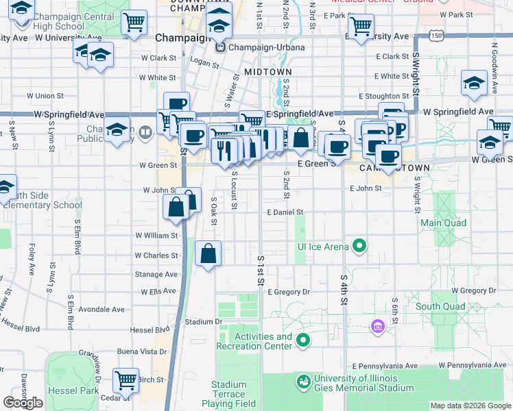 map of restaurants, bars, coffee shops, grocery stores, and more near 803 South 1st Street in Champaign