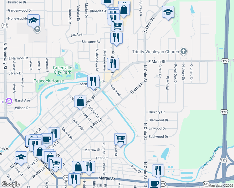 map of restaurants, bars, coffee shops, grocery stores, and more near 104 Imo Boulevard in Greenville