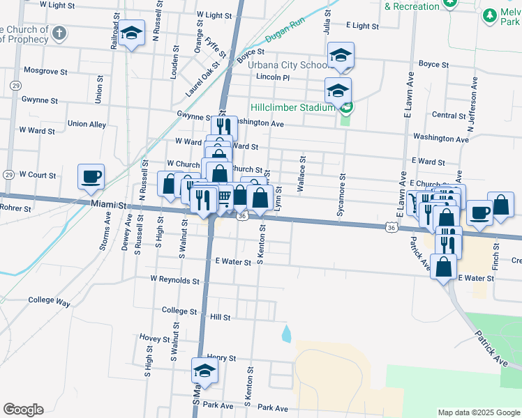 map of restaurants, bars, coffee shops, grocery stores, and more near 236 Scioto Street in Urbana