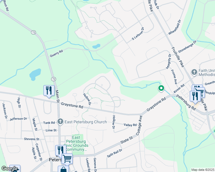 map of restaurants, bars, coffee shops, grocery stores, and more near 2613 Northfield Drive in East Petersburg