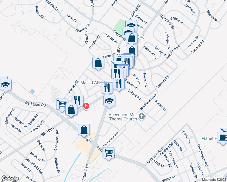 map of restaurants, bars, coffee shops, grocery stores, and more near 10201 Bustleton Avenue in Philadelphia