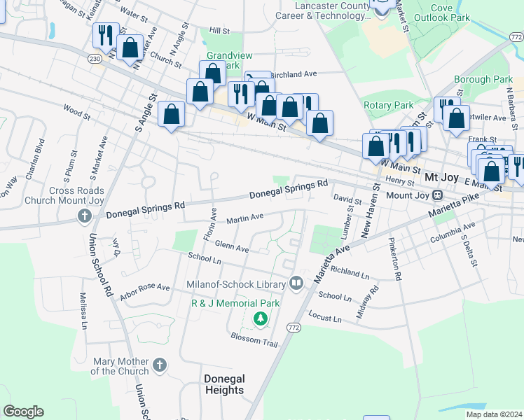 map of restaurants, bars, coffee shops, grocery stores, and more near 429 Martin Avenue in Mount Joy