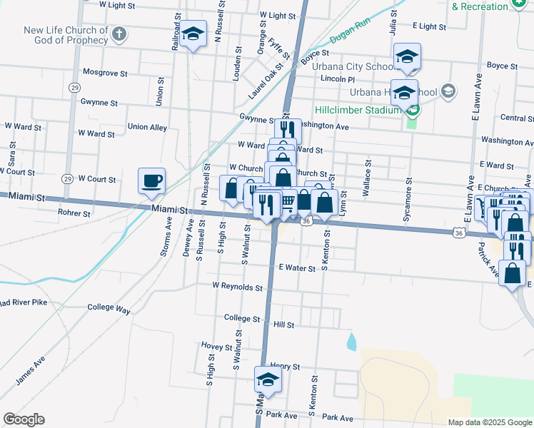 map of restaurants, bars, coffee shops, grocery stores, and more near in Urbana