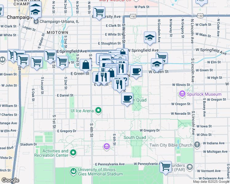 map of restaurants, bars, coffee shops, grocery stores, and more near 808 South 6th Street in Champaign