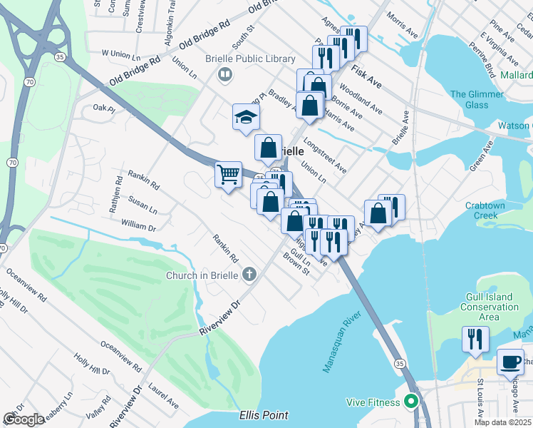 map of restaurants, bars, coffee shops, grocery stores, and more near 613 Higgins Avenue in Brielle
