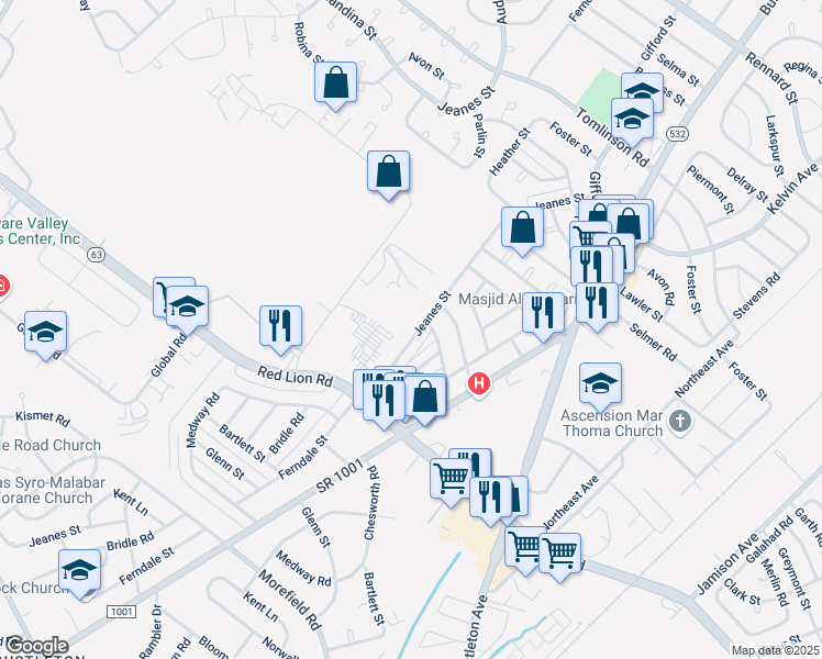 map of restaurants, bars, coffee shops, grocery stores, and more near 10052 Jeanes Street in Philadelphia
