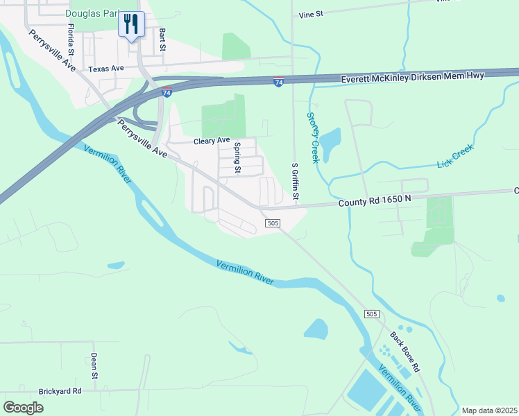 map of restaurants, bars, coffee shops, grocery stores, and more near 1201 Road 1650 North in Danville