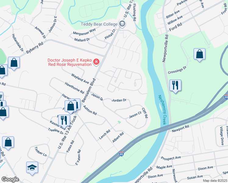 map of restaurants, bars, coffee shops, grocery stores, and more near 535 Princeton Court in Bensalem