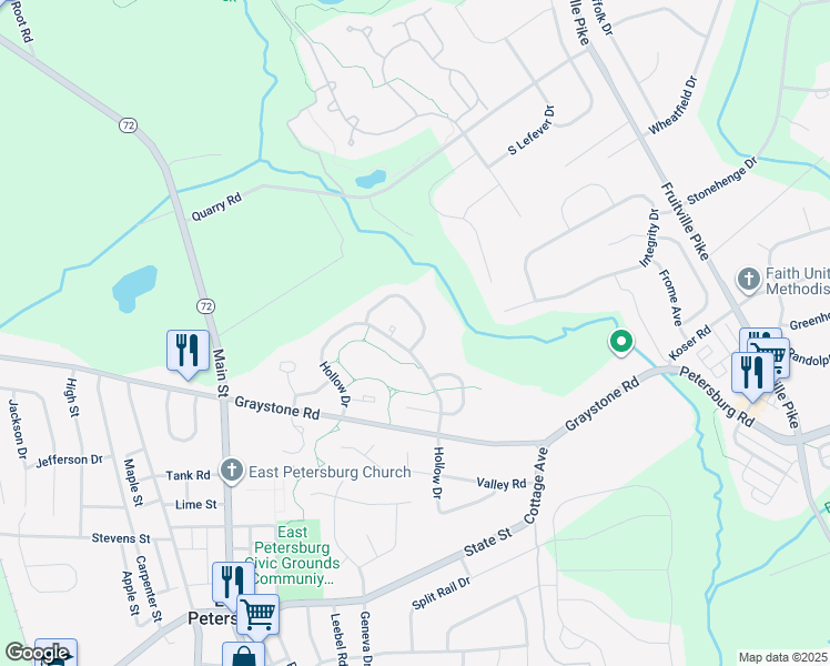 map of restaurants, bars, coffee shops, grocery stores, and more near 2613 Northfield Drive in East Petersburg