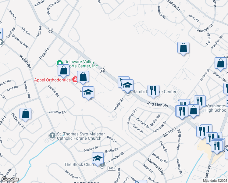 map of restaurants, bars, coffee shops, grocery stores, and more near 9903 Player Drive in Philadelphia