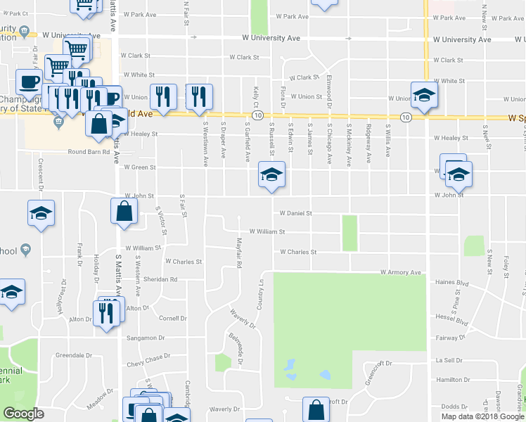 map of restaurants, bars, coffee shops, grocery stores, and more near 703 South Russell Street in Champaign