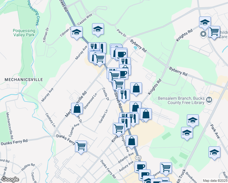 map of restaurants, bars, coffee shops, grocery stores, and more near 2618 Pennsylvania 132 in Bensalem