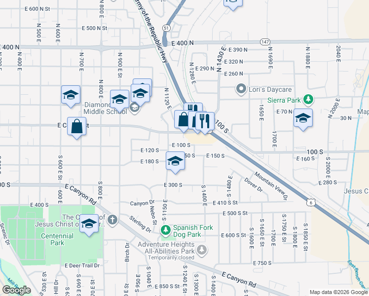 map of restaurants, bars, coffee shops, grocery stores, and more near 1238 East 100 South in Spanish Fork
