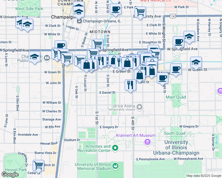 map of restaurants, bars, coffee shops, grocery stores, and more near 202 East Daniel Street in Champaign