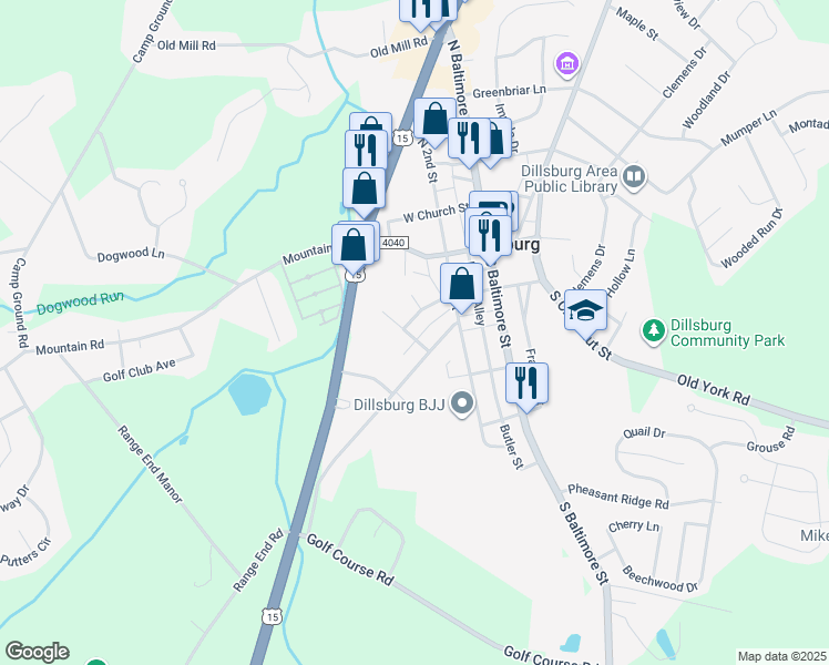 map of restaurants, bars, coffee shops, grocery stores, and more near 209 West York Street in Dillsburg