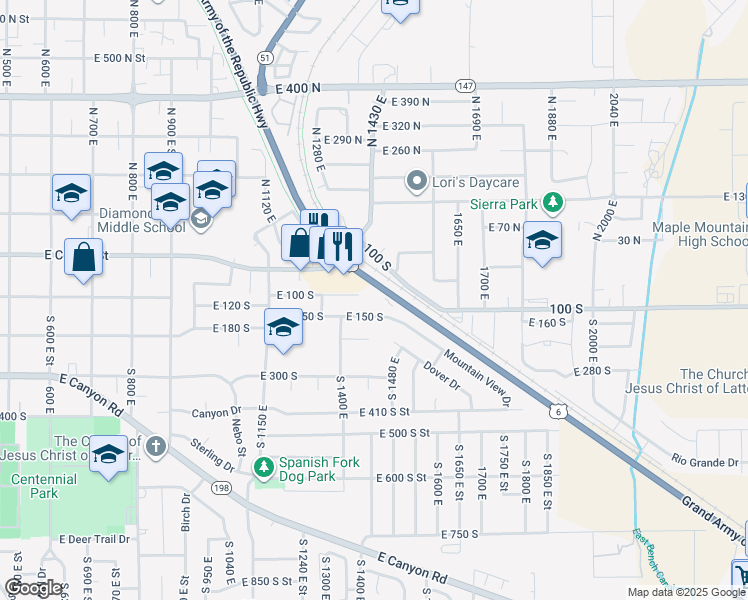 map of restaurants, bars, coffee shops, grocery stores, and more near 1449 East 150 South in Spanish Fork