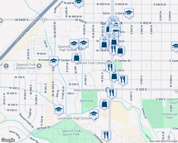 map of restaurants, bars, coffee shops, grocery stores, and more near 96 South 200 West in Spanish Fork