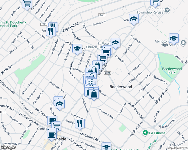 map of restaurants, bars, coffee shops, grocery stores, and more near 423 Elk Avenue in Glenside