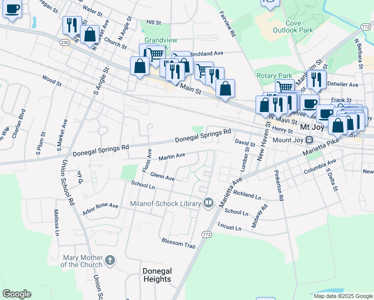 map of restaurants, bars, coffee shops, grocery stores, and more near 425 Martin Avenue in Mount Joy