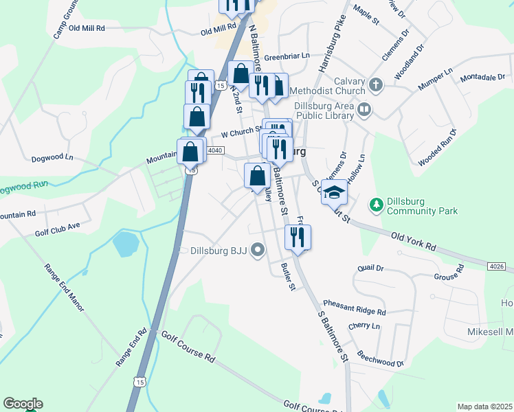 map of restaurants, bars, coffee shops, grocery stores, and more near 75 Gettysburg Street in Dillsburg