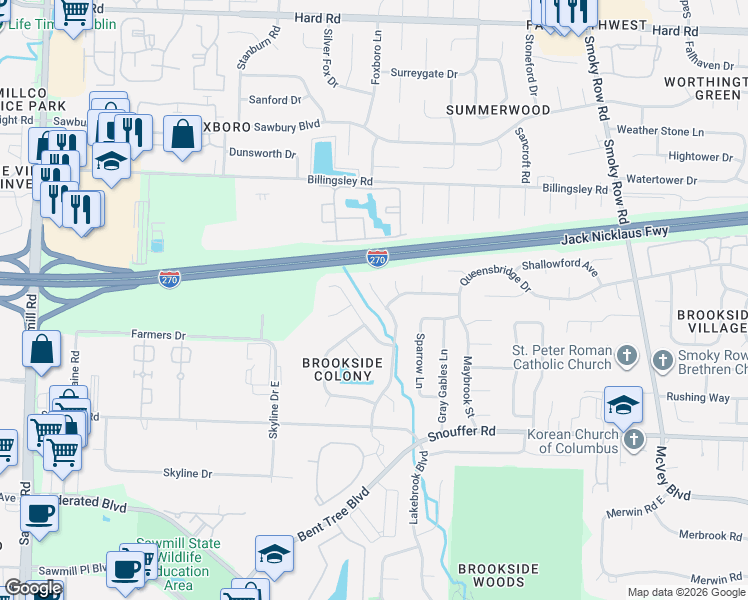 map of restaurants, bars, coffee shops, grocery stores, and more near 7448 Mapleleaf Court in Columbus