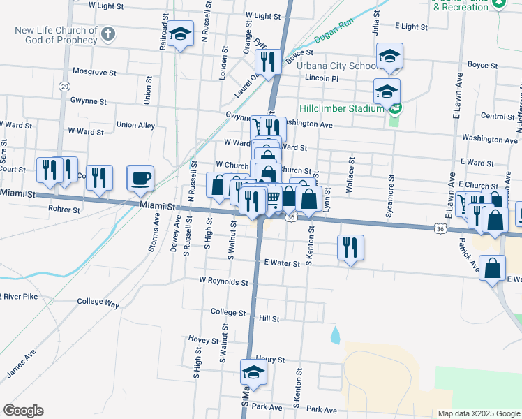 map of restaurants, bars, coffee shops, grocery stores, and more near in Urbana