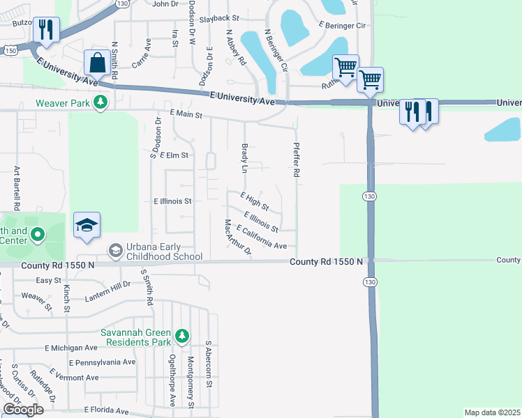 map of restaurants, bars, coffee shops, grocery stores, and more near 2705 East High Street in Urbana