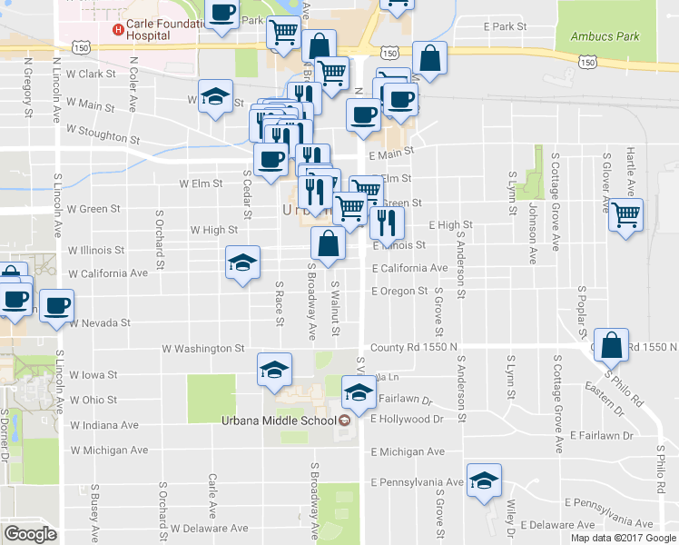 map of restaurants, bars, coffee shops, grocery stores, and more near 202 East California Avenue in Urbana