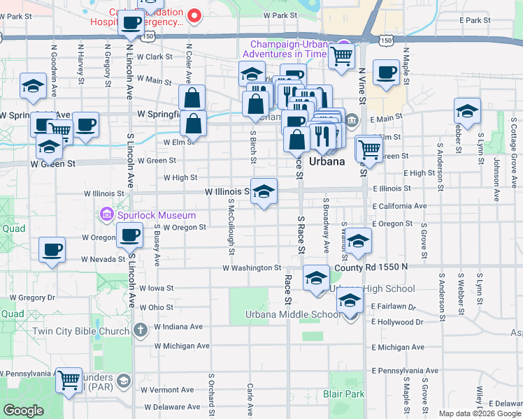 map of restaurants, bars, coffee shops, grocery stores, and more near 402 West California Avenue in Urbana