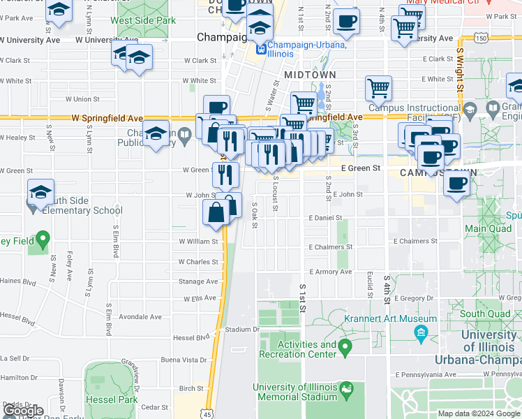 map of restaurants, bars, coffee shops, grocery stores, and more near 805 South Locust Street in Champaign