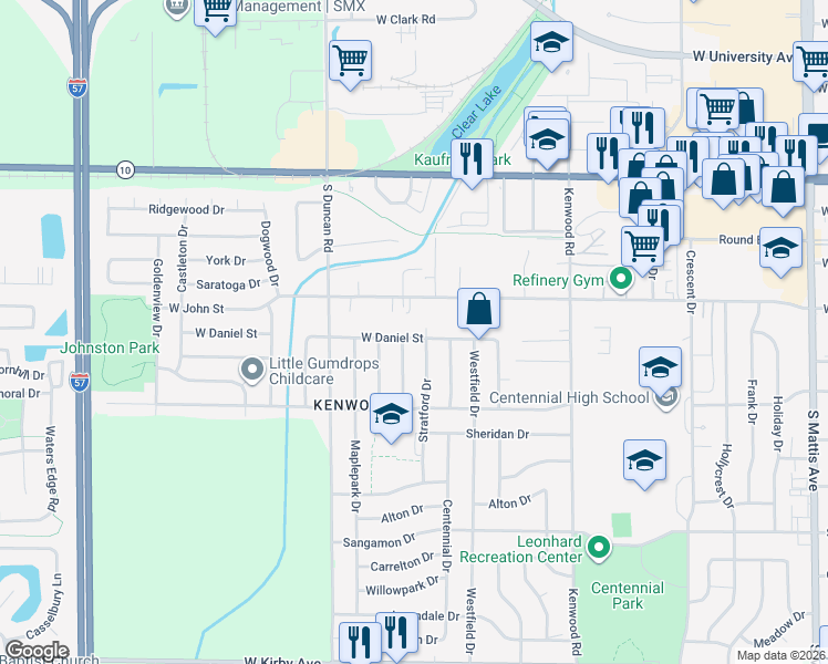 map of restaurants, bars, coffee shops, grocery stores, and more near 708 Stratford Drive in Champaign