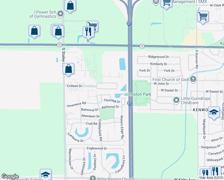 map of restaurants, bars, coffee shops, grocery stores, and more near 3752 Thornhill Drive in Champaign